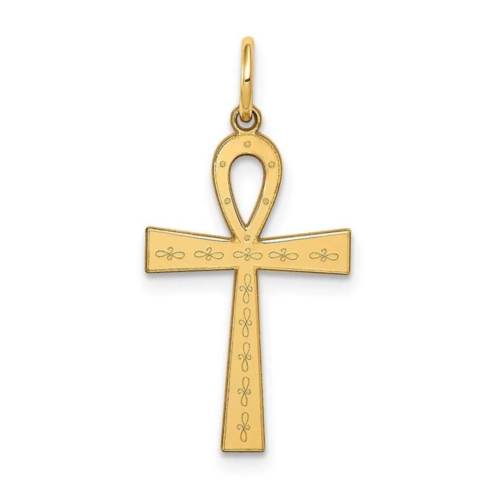 14k Yellow Gold Laser Designed Ankh Cross Pendant, 13 x 25mm